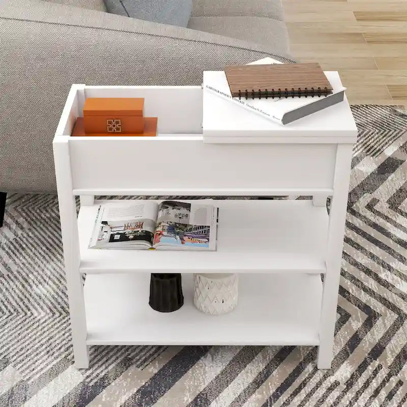 Table d'appoint étroite à plateau relevable avec tiroir, table de chevet avec 2 étagères de rangement ouvertes, petite table pour salon, chambre à coucher