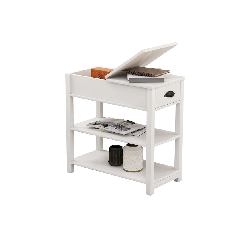 Table d'appoint étroite à plateau relevable avec tiroir, table de chevet avec 2 étagères de rangement ouvertes, petite table pour salon, chambre à coucher