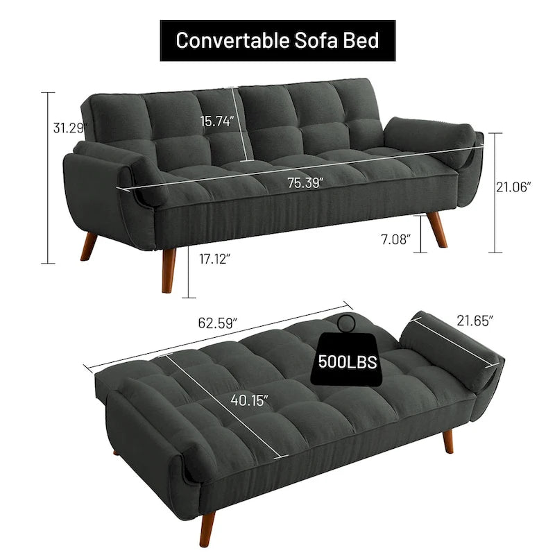 Canapé-Lit Futon 75.39 POUCES, Canapé-Lit Convertible Rembourré avec Dossier Inclinable Tufté et Divisé