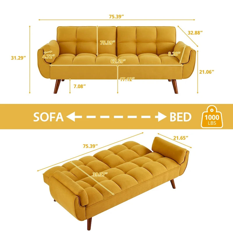 Canapé-Lit Futon 75.39 POUCES, Canapé-Lit Convertible Rembourré avec Dossier Inclinable Tufté et Divisé