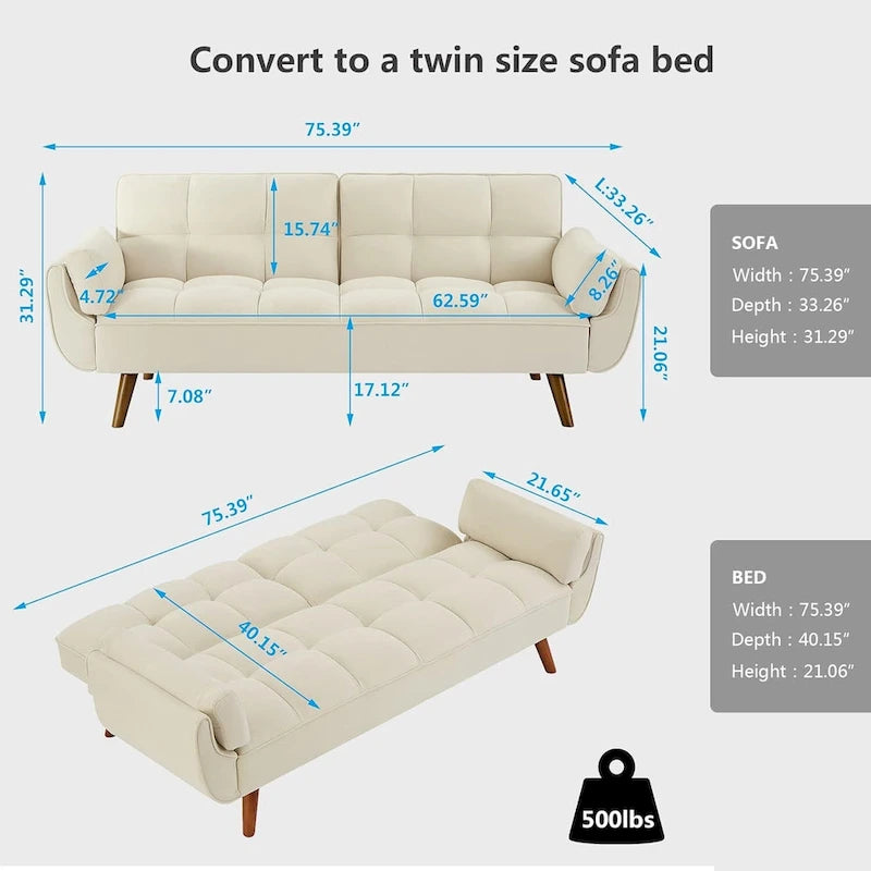 Canapé-Lit Futon 75.39 POUCES, Canapé-Lit Convertible Rembourré avec Dossier Inclinable Tufté et Divisé