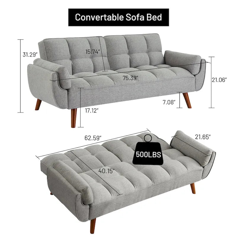 Canapé-Lit Futon 75.39 POUCES, Canapé-Lit Convertible Rembourré avec Dossier Inclinable Tufté et Divisé