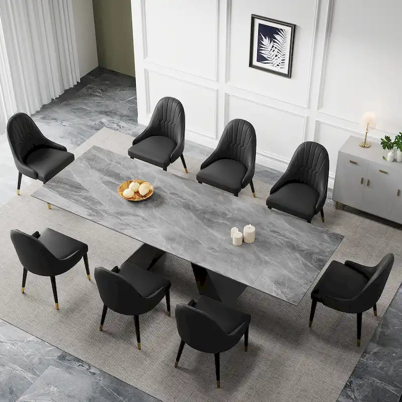 Ensemble de salle à manger 9 pièces avec table extensible en pierre frittée de 110,24 pouces et 8 chaises en cuir