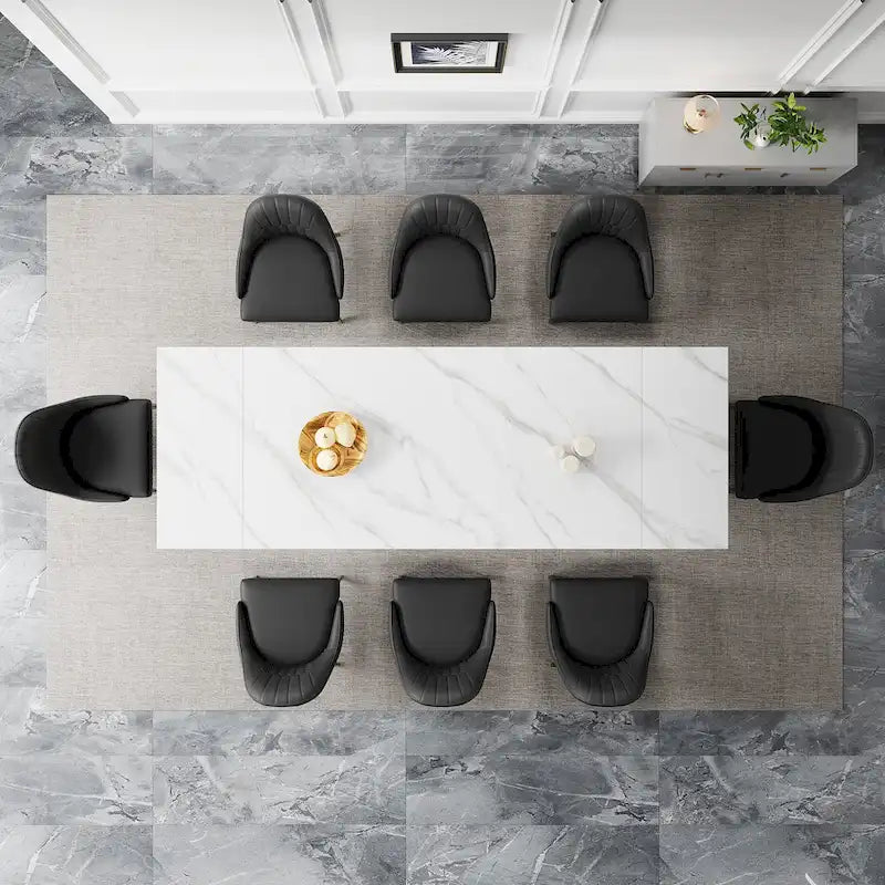 Ensemble de salle à manger 9 pièces avec table extensible en pierre frittée de 110,24 pouces et 8 chaises en cuir