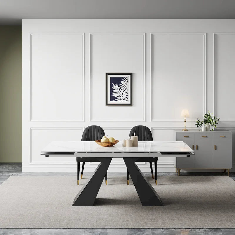 Ensemble de salle à manger 9 pièces avec table extensible en pierre frittée de 110,24 pouces et 8 chaises en cuir