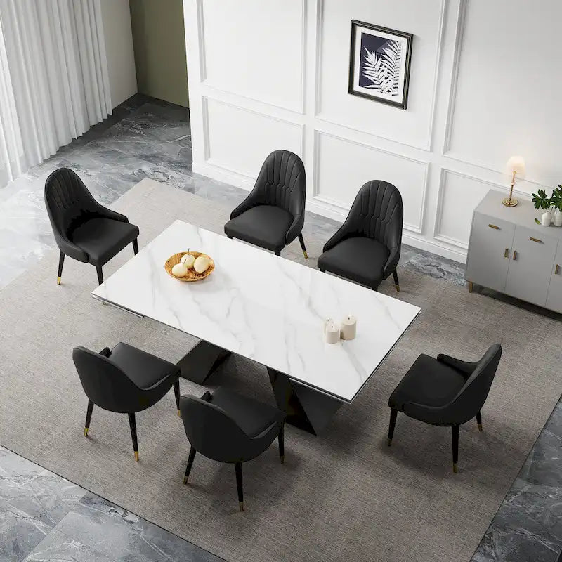 Ensemble de salle à manger 9 pièces avec table extensible en pierre frittée de 110,24 pouces et 8 chaises en cuir