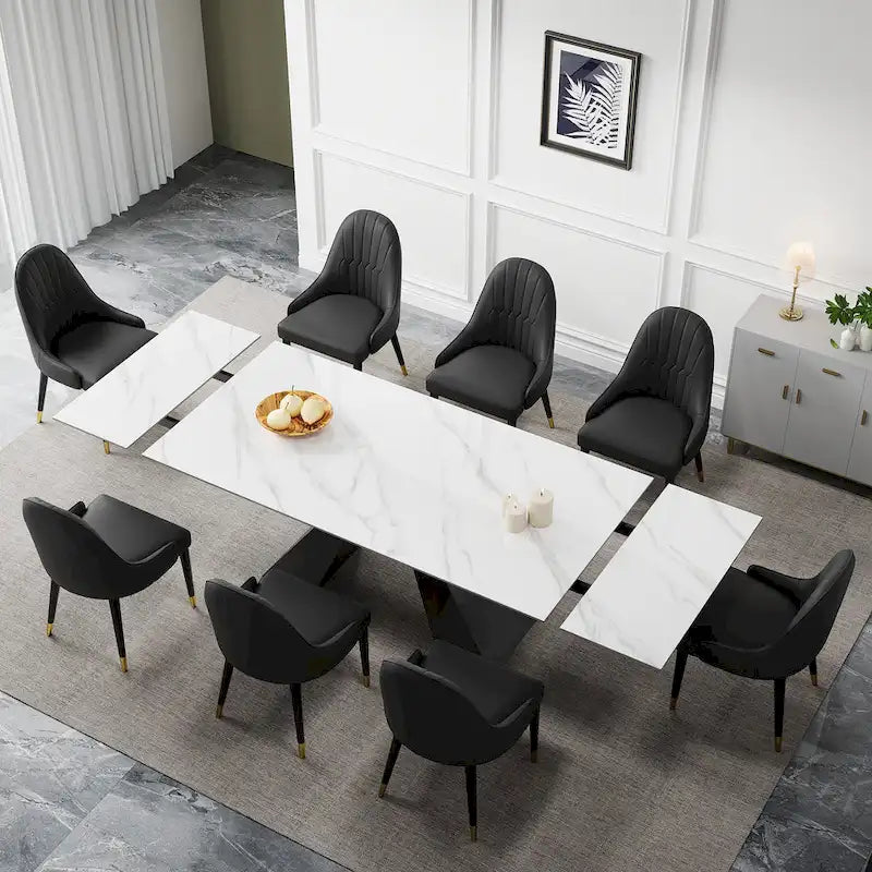 Ensemble de salle à manger 9 pièces avec table extensible en pierre frittée de 110,24 pouces et 8 chaises en cuir