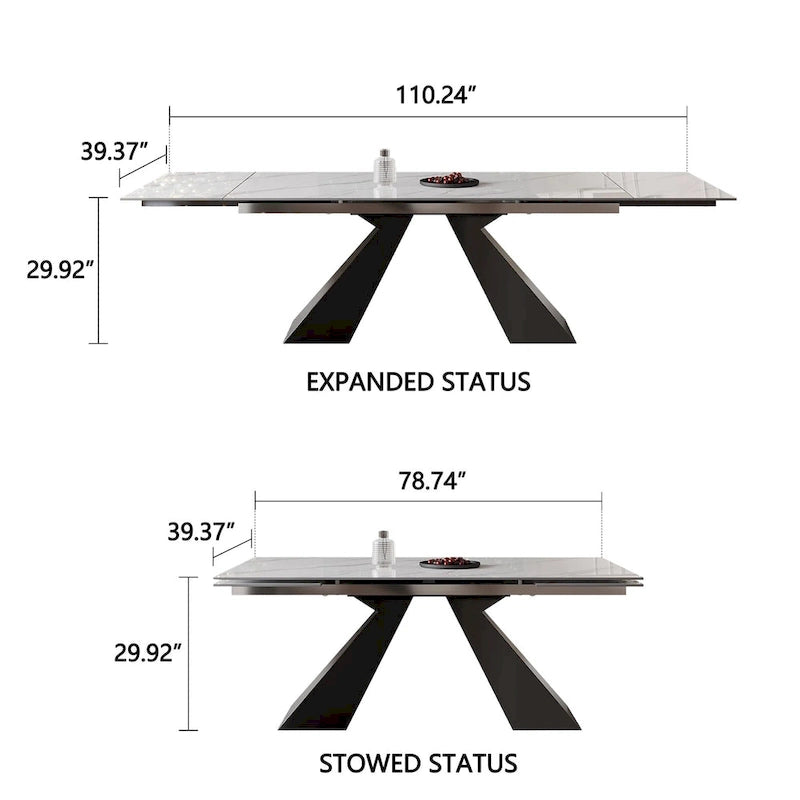 Ensemble de salle à manger 9 pièces avec table extensible en pierre frittée de 110,24 pouces et 8 chaises en cuir
