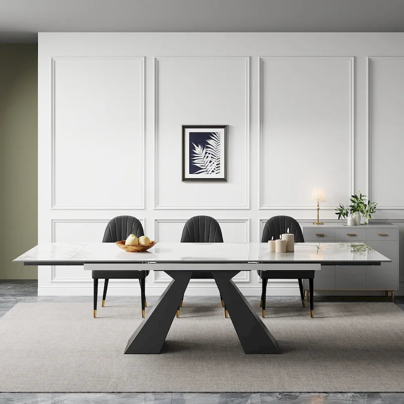 Ensemble de salle à manger 9 pièces avec table extensible en pierre frittée de 110,24 pouces et 8 chaises en cuir