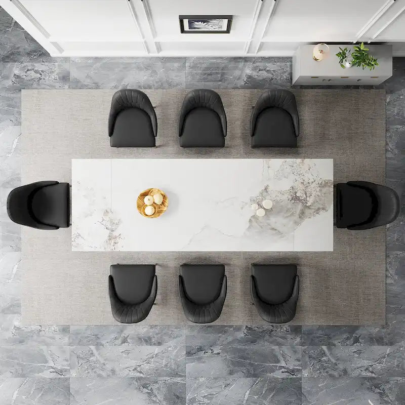 Ensemble de salle à manger 9 pièces avec table extensible en pierre frittée de 110,24 pouces et 8 chaises en cuir