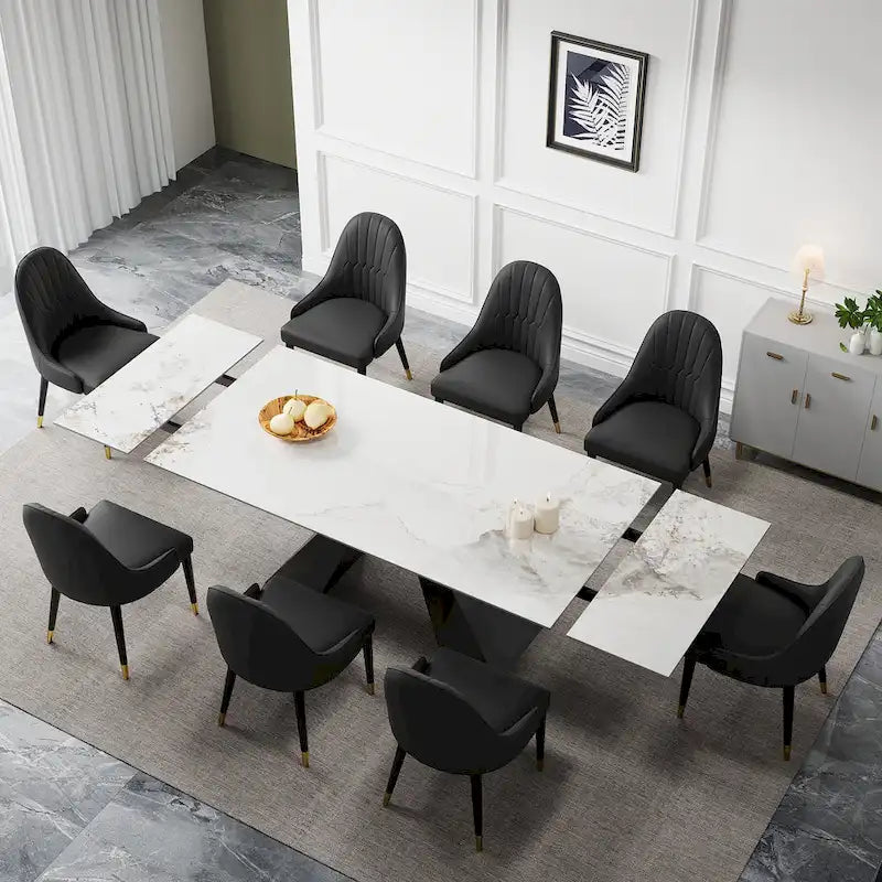 Ensemble de salle à manger 9 pièces avec table extensible en pierre frittée de 110,24 pouces et 8 chaises en cuir