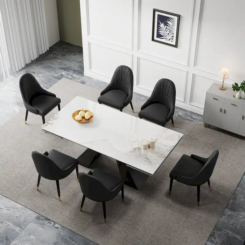 Ensemble de salle à manger 9 pièces avec table extensible en pierre frittée de 110,24 pouces et 8 chaises en cuir