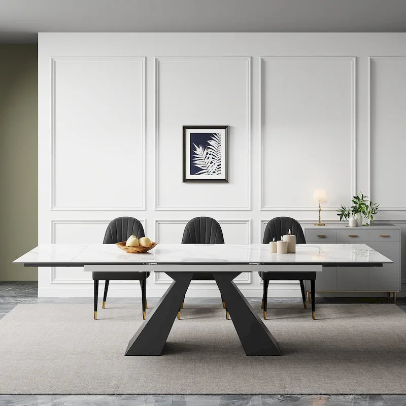 Ensemble de salle à manger 9 pièces avec table extensible en pierre frittée de 110,24 pouces et 8 chaises en cuir
