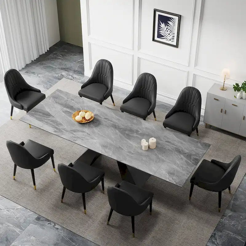 Ensemble de salle à manger 9 pièces avec table extensible en pierre frittée de 110,24 pouces et 8 chaises en cuir