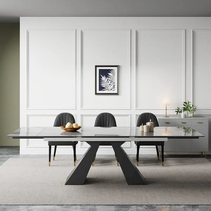 Ensemble de salle à manger 9 pièces avec table extensible en pierre frittée de 110,24 pouces et 8 chaises en cuir