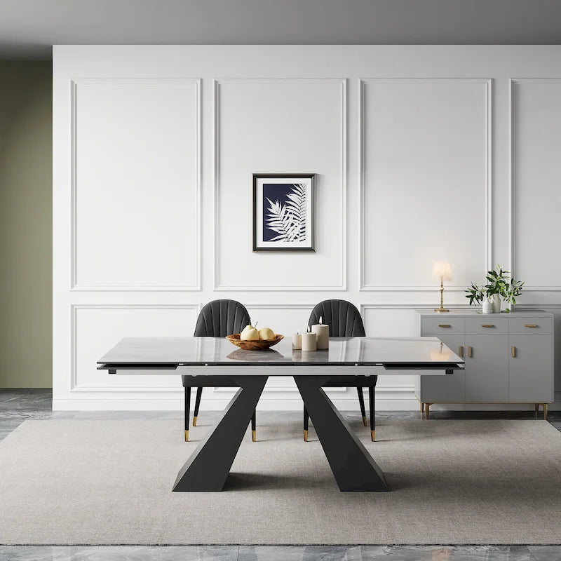 Ensemble de salle à manger 9 pièces avec table extensible en pierre frittée de 110,24 pouces et 8 chaises en cuir