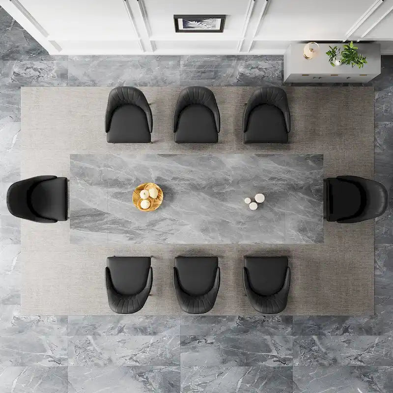 Ensemble de salle à manger 9 pièces avec table extensible en pierre frittée de 110,24 pouces et 8 chaises en cuir