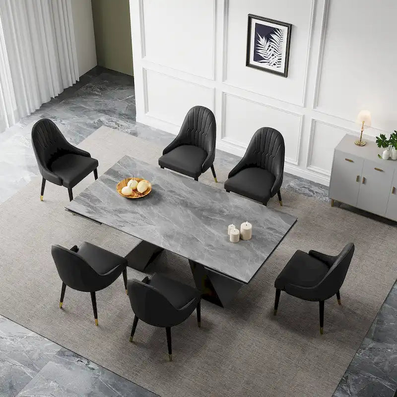 Ensemble de salle à manger 9 pièces avec table extensible en pierre frittée de 110,24 pouces et 8 chaises en cuir