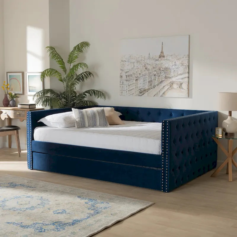 Lit de repos en tissu de velours moderne Larkin avec lit gigogne