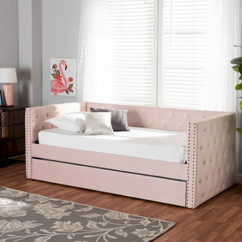 Lit de repos en tissu de velours moderne Larkin avec lit gigogne