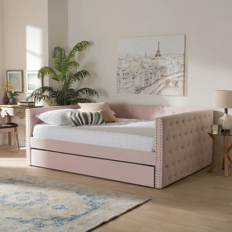Lit de repos en tissu de velours moderne Larkin avec lit gigogne