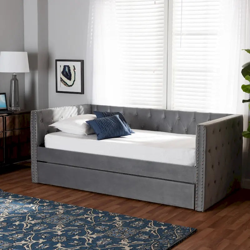 Lit de repos en tissu de velours moderne Larkin avec lit gigogne