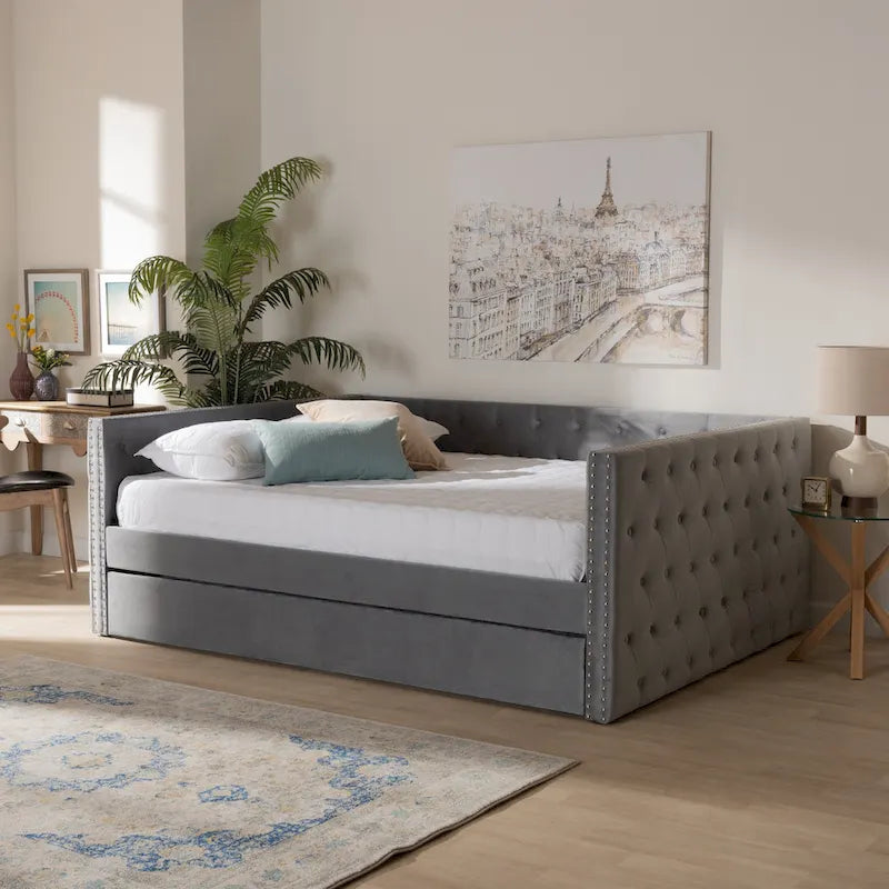 Lit de repos en tissu de velours moderne Larkin avec lit gigogne