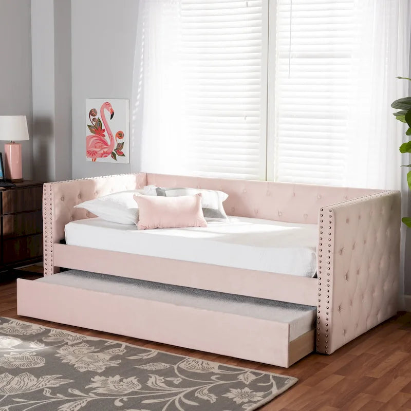Lit de repos en tissu de velours moderne Larkin avec lit gigogne