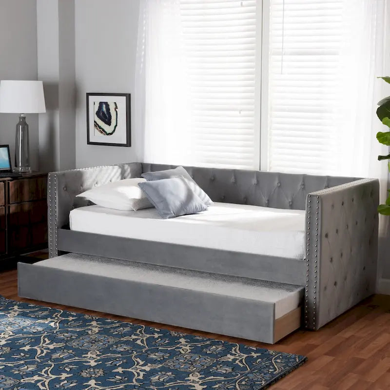 Lit de repos en tissu de velours moderne Larkin avec lit gigogne