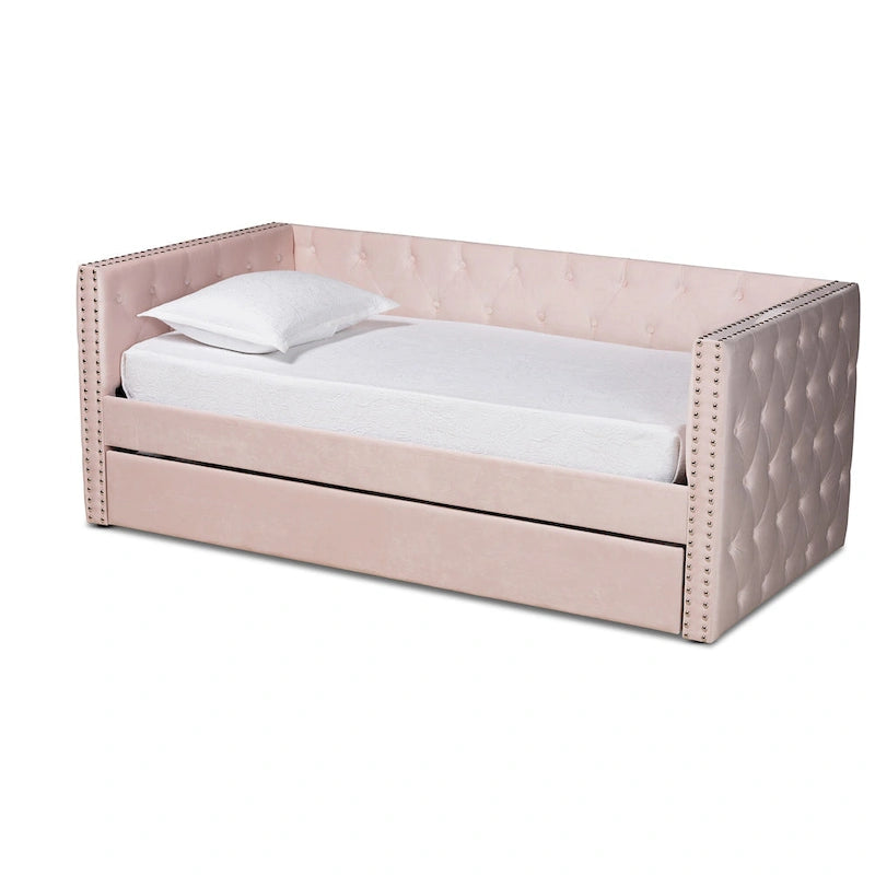 Lit de repos en tissu de velours moderne Larkin avec lit gigogne