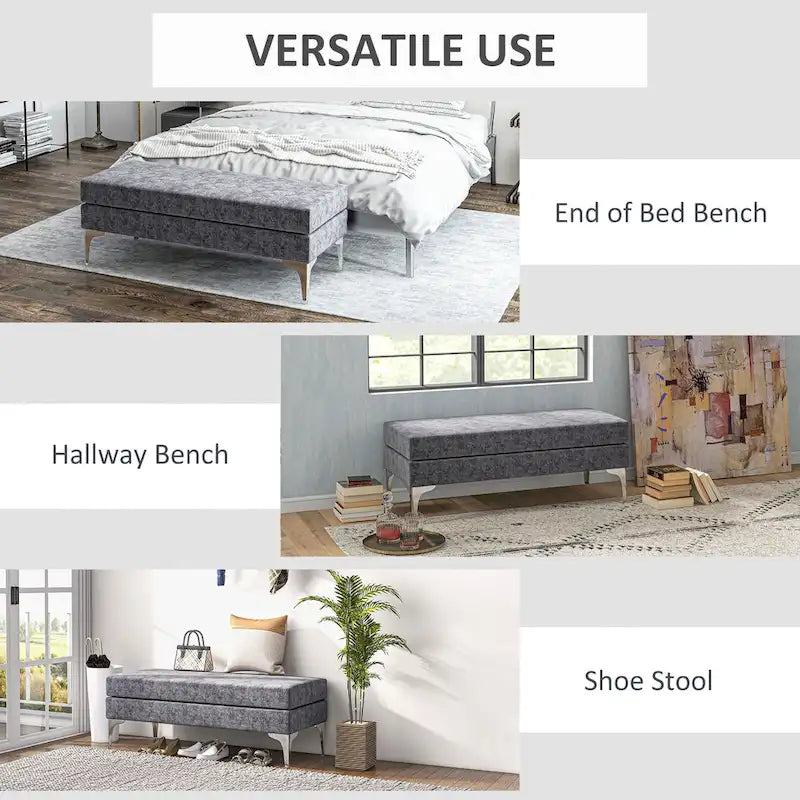 HOMCOM Banc de bout de lit 48 po, banc d'entrée rembourré avec coussins de siège double couche et pieds en acier, banc de chambre, gris foncé