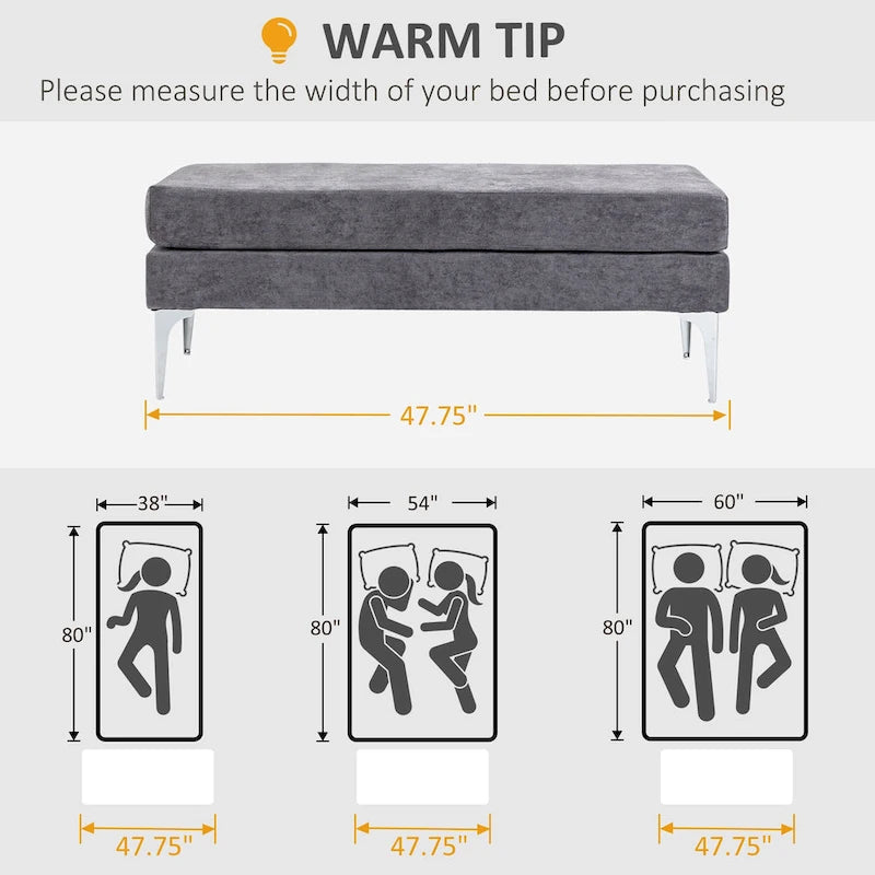 HOMCOM Banc de bout de lit 48 po, banc d'entrée rembourré avec coussins de siège double couche et pieds en acier, banc de chambre, gris foncé