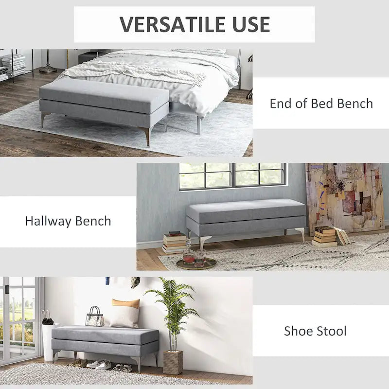 HOMCOM Banc de bout de lit 48 po, banc d'entrée rembourré avec coussins de siège double couche et pieds en acier, banc de chambre, gris foncé