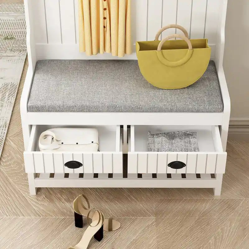 Porte-manteau de 174 cm de haut avec banc et rangement à chaussures Blanc/Noir/Gris