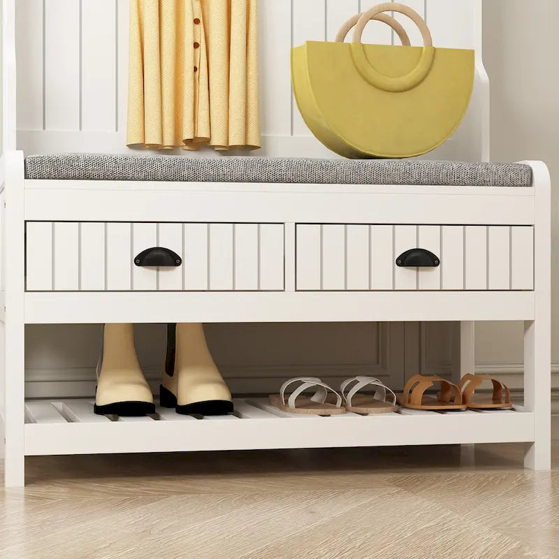 Porte-manteau de 174 cm de haut avec banc et rangement à chaussures Blanc/Noir/Gris