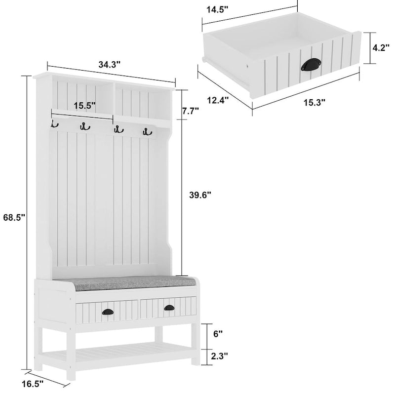 Porte-manteau de 174 cm de haut avec banc et rangement à chaussures Blanc/Noir/Gris