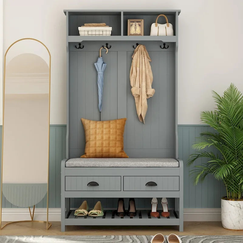 Porte-manteau de 174 cm de haut avec banc et rangement à chaussures Blanc/Noir/Gris