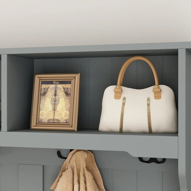 Porte-manteau de 174 cm de haut avec banc et rangement à chaussures Blanc/Noir/Gris