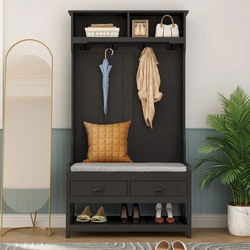 Porte-manteau de 174 cm de haut avec banc et rangement à chaussures Blanc/Noir/Gris