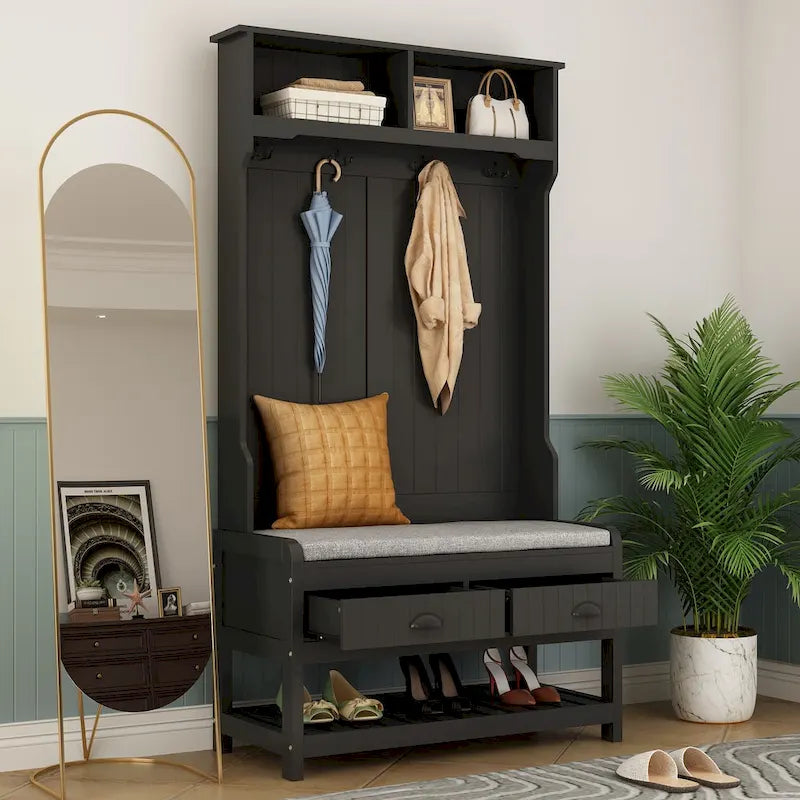 Porte-manteau de 174 cm de haut avec banc et rangement à chaussures Blanc/Noir/Gris