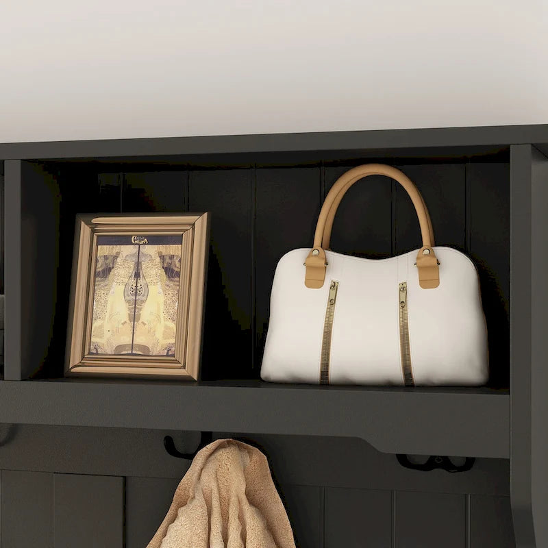 Porte-manteau de 174 cm de haut avec banc et rangement à chaussures Blanc/Noir/Gris