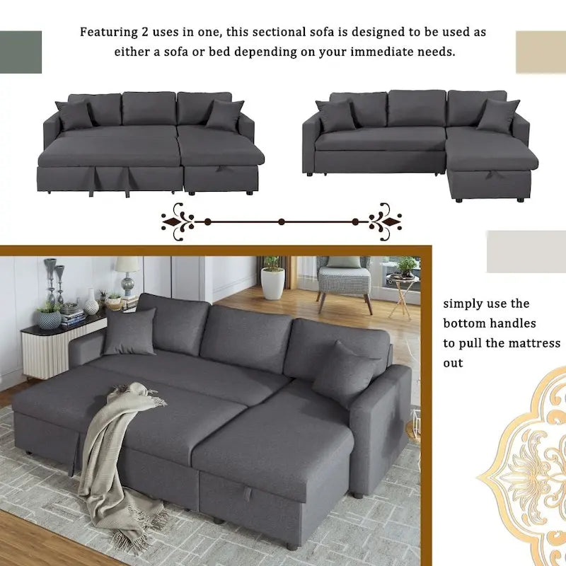 Canapé d'angle convertible rembourré gris avec espace de rangement, 2 coussins décoratifs