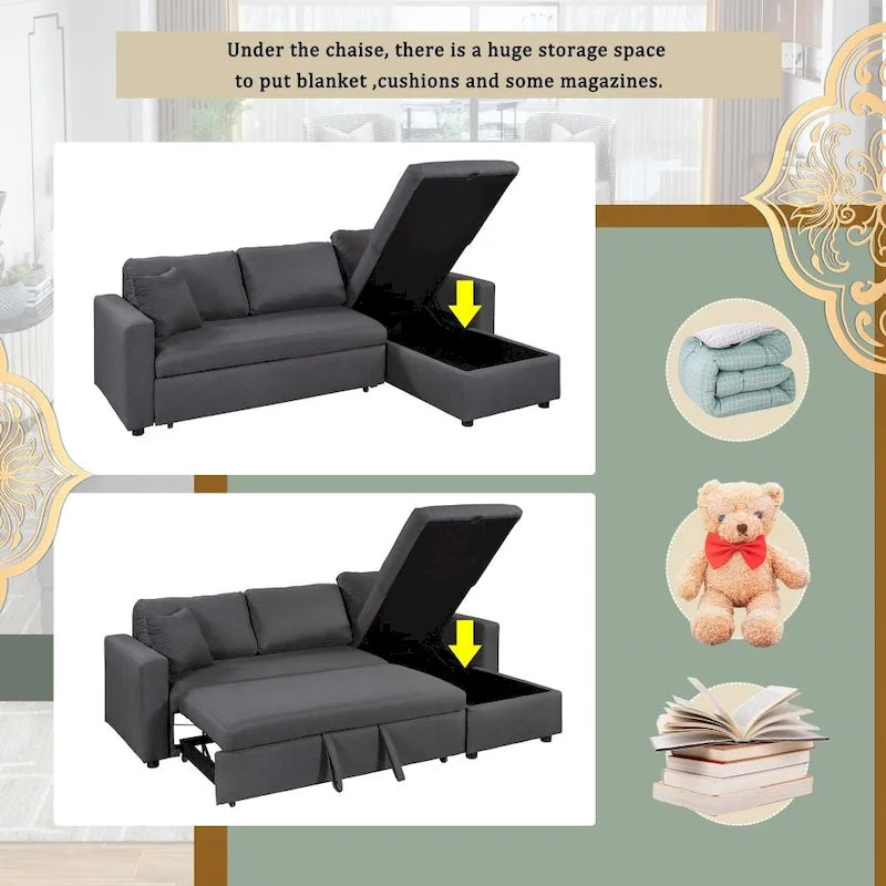Canapé d'angle convertible rembourré gris avec espace de rangement, 2 coussins décoratifs