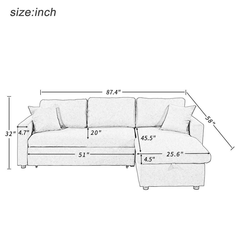 Canapé d'angle convertible rembourré gris avec espace de rangement, 2 coussins décoratifs