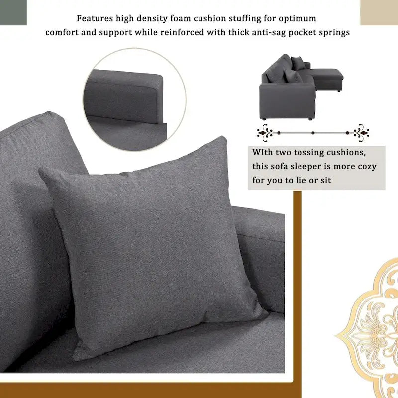 Canapé d'angle convertible rembourré gris avec espace de rangement, 2 coussins décoratifs