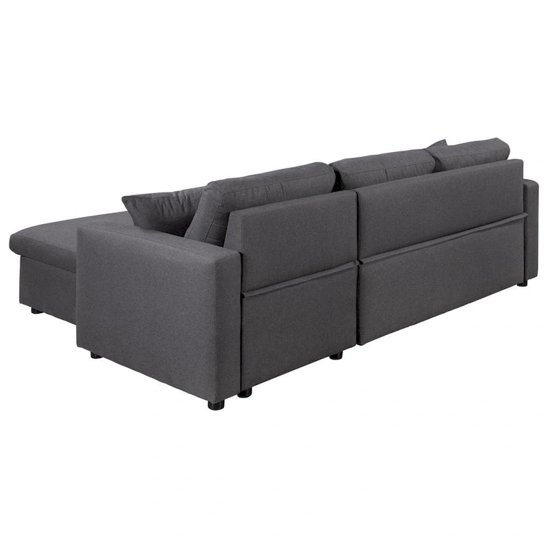 Canapé d'angle convertible rembourré gris avec espace de rangement, 2 coussins décoratifs