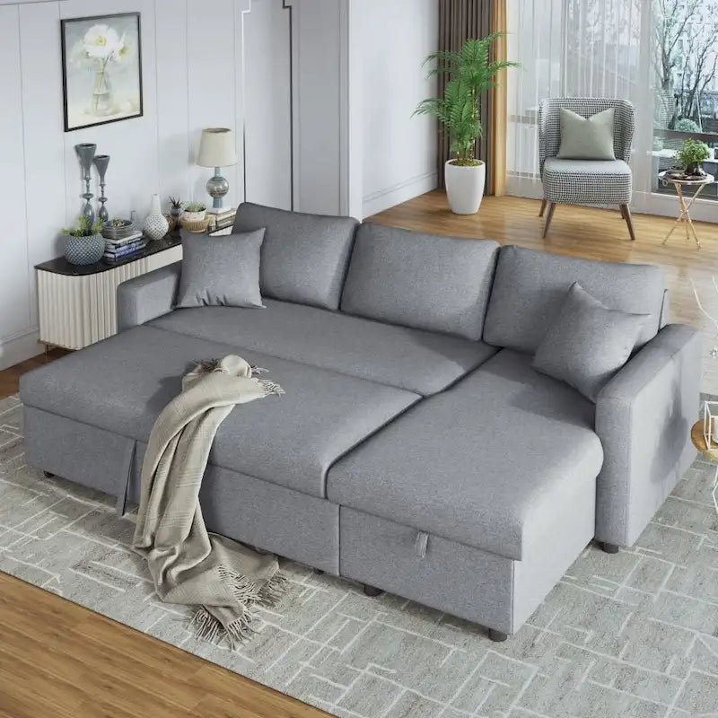 Canapé d'angle convertible rembourré gris avec espace de rangement, 2 coussins décoratifs