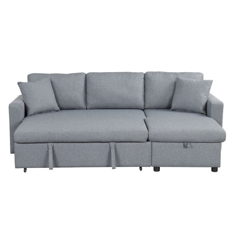 Canapé d'angle convertible rembourré gris avec espace de rangement, 2 coussins décoratifs