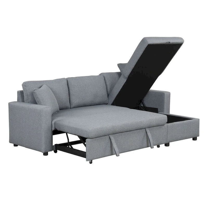 Canapé d'angle convertible rembourré gris avec espace de rangement, 2 coussins décoratifs