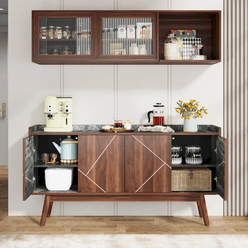 Buffet de cuisine de 140 cm, vaisselier, table d'appoint, bar à café avec rangement et portes pour salle à manger, salon, entrée